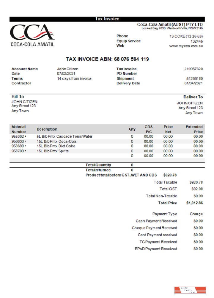 USA Coca Cola invoice PSD template
